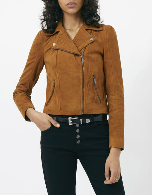 Braune Damenwildlederjacke mit Pagodenärmeln