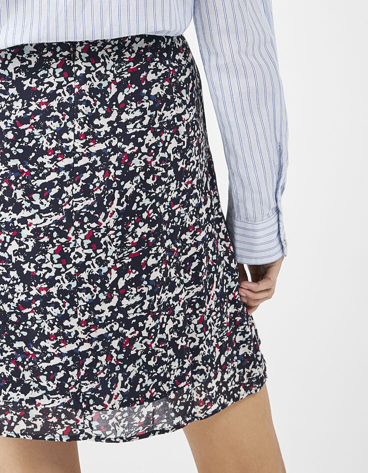 Women’s navy tachist print A-line wrap skirt-4