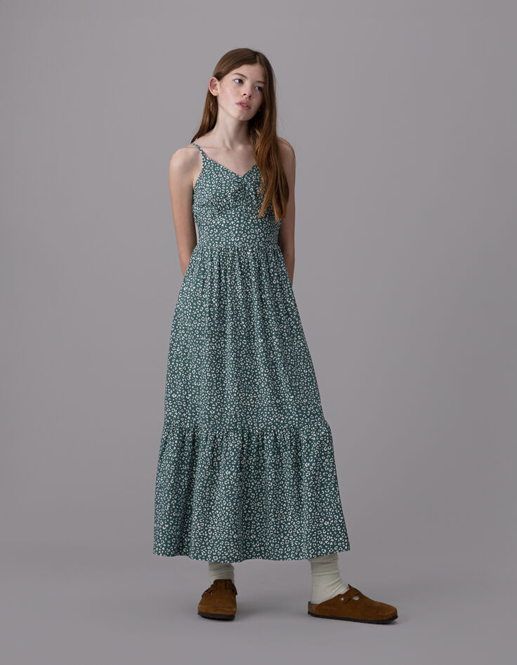 Robe longue fines bretelles verte imprimé léopard fille-3