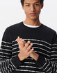 Pull marinière noir tricot fin rayures blanches Homme-4