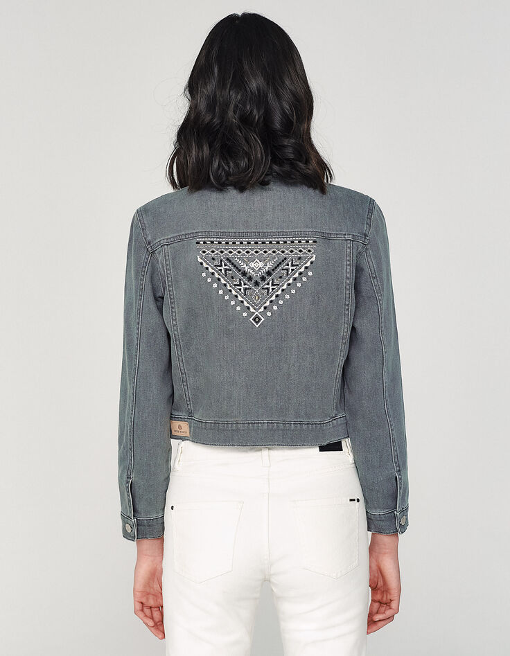 Women’s grey denim jacket embroidered on back-3