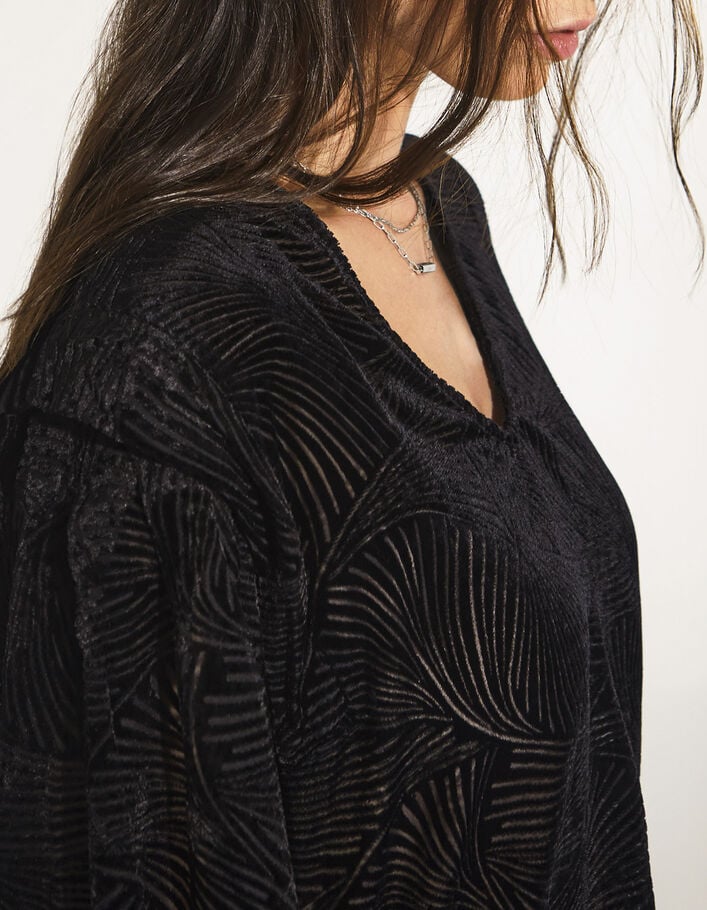Blouse en velour motif zèbre noir plis épaules femme-5