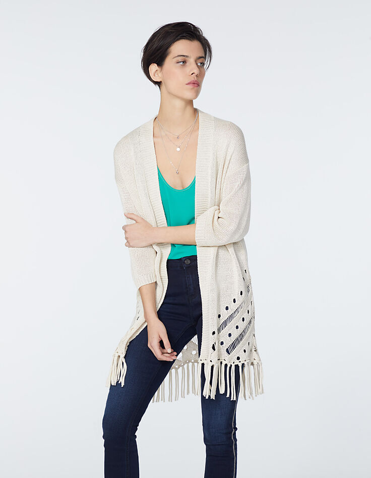 Women’s off-white fringed knit cardigan-2 Women’s off-white fringed knit cardigan-2