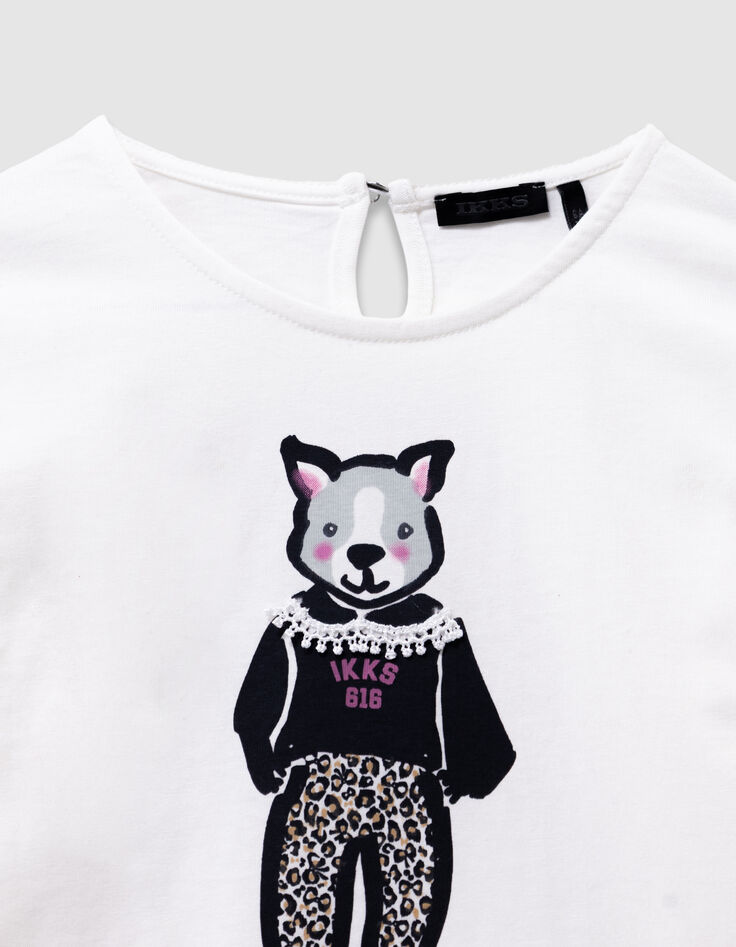 T-shirt écru coton bio lapin col dentelle 3D fille-5