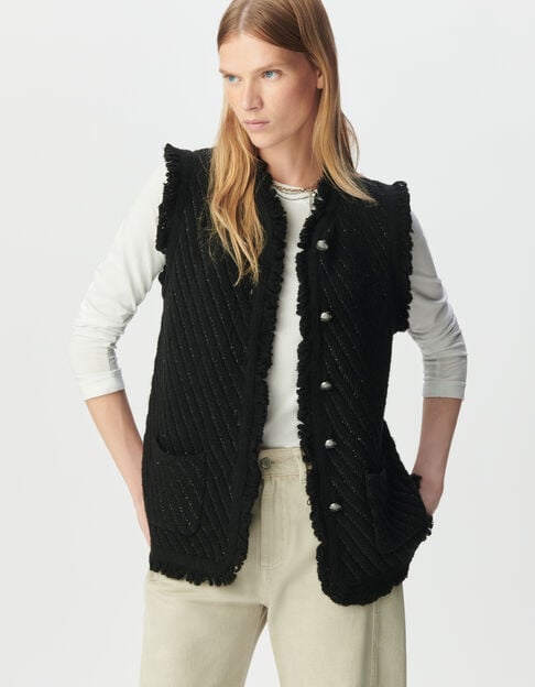 Schwarze Damenstrickjacke &auml;rmellos Paillettenstick - IKKS