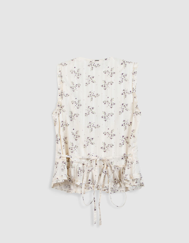 Ecru floral sleeveless top with ruffles for women-6