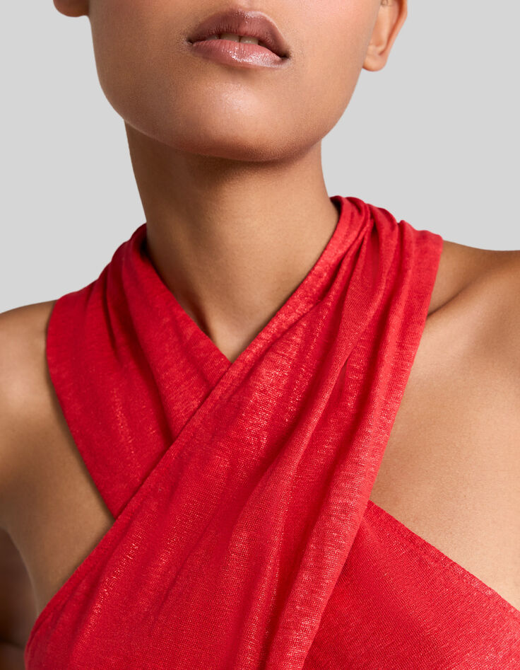 Camiseta grosella metalizada cruzada delante mujer-4