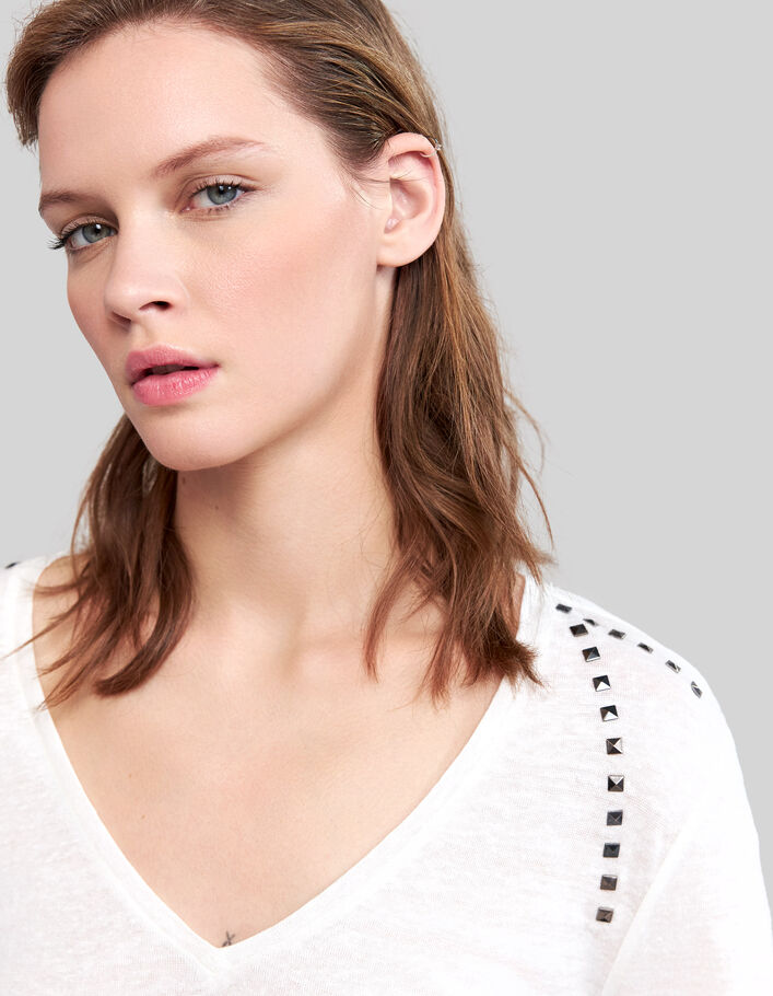 Women's off-white studded foil linen T-shirt-5