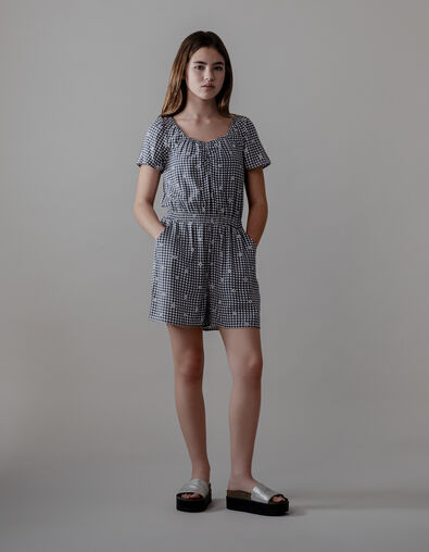 Zwarte korte jumpsuit vichy en bloemenprint meisjes - IKKS