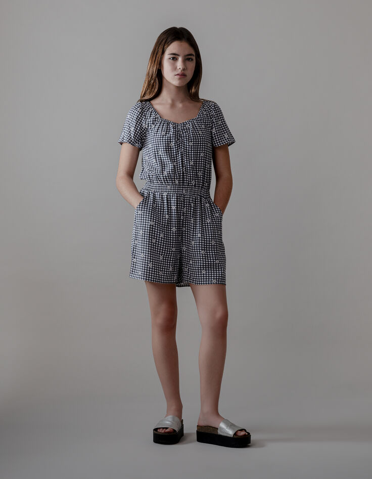 Combishort noir imprimé vichy et fleurs fille-8