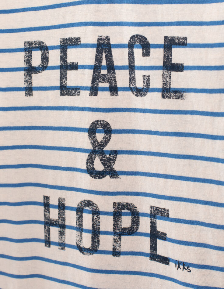 Tee-shirt beige moyen rayures bleues et message garçon-4