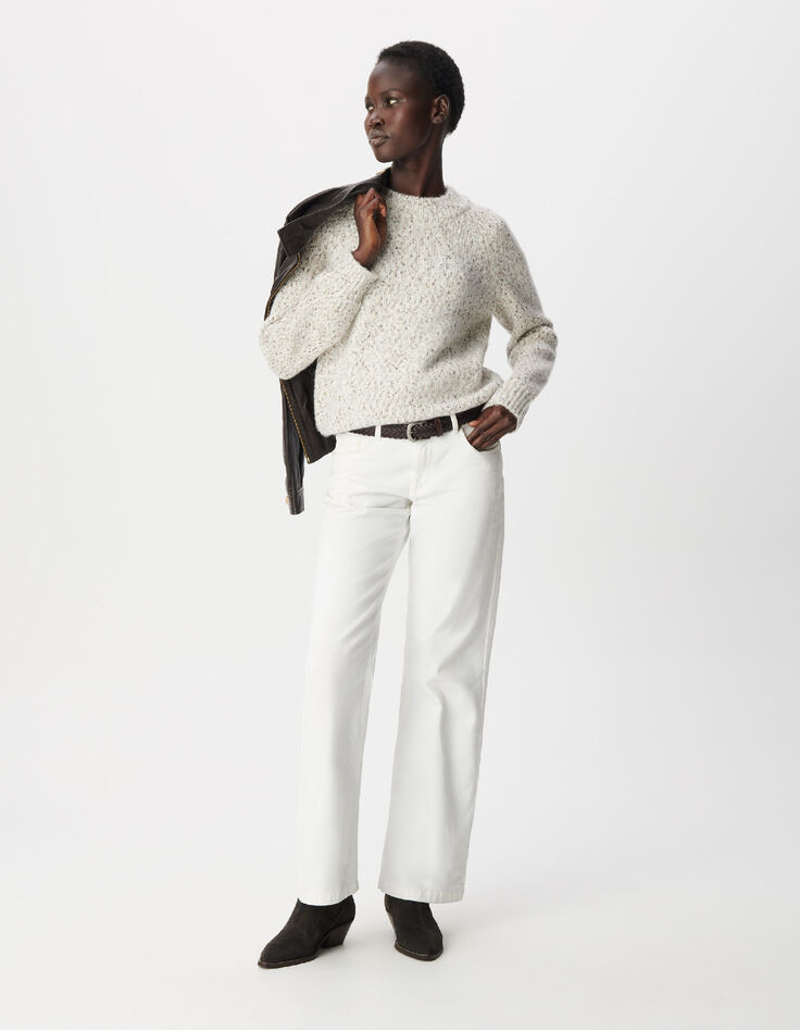 Women's Beige High-Neck Sweater in Yarn-Dyed Knit-1