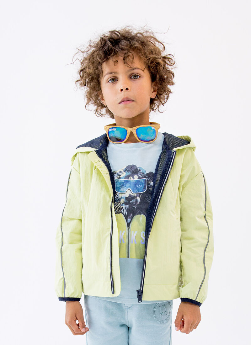 Boys’ lime green nylon windcheater with reflective bands