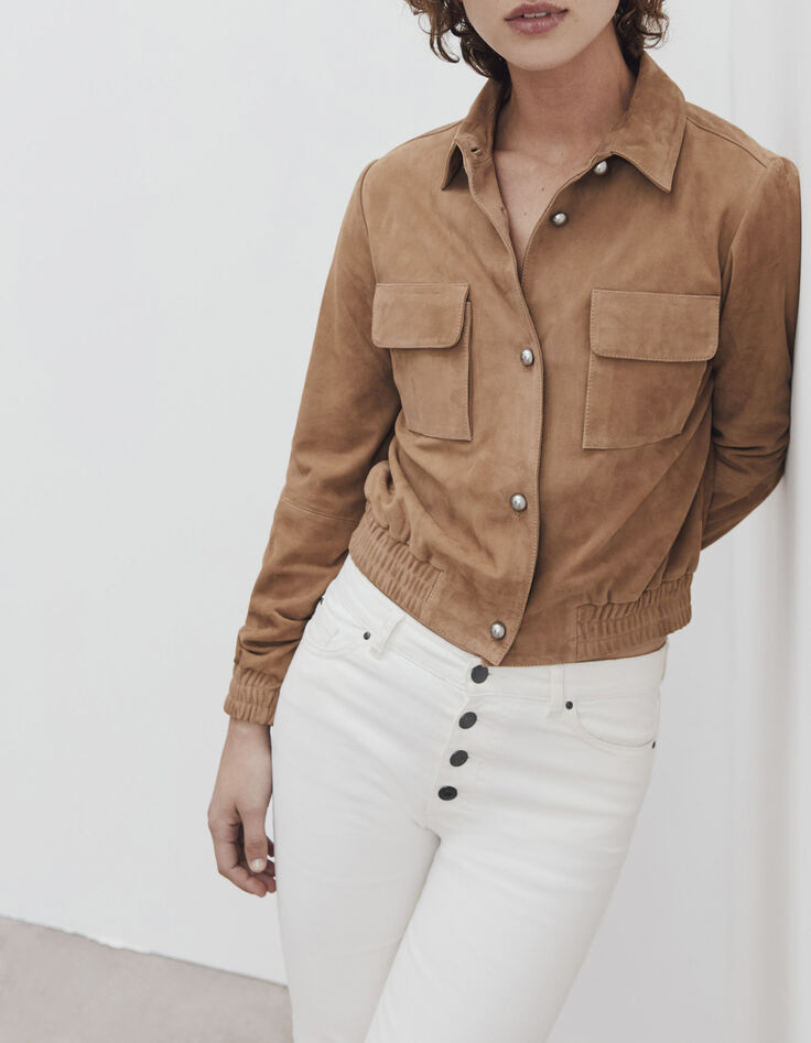 Cazadora corta beige ante de cabra mujer-1