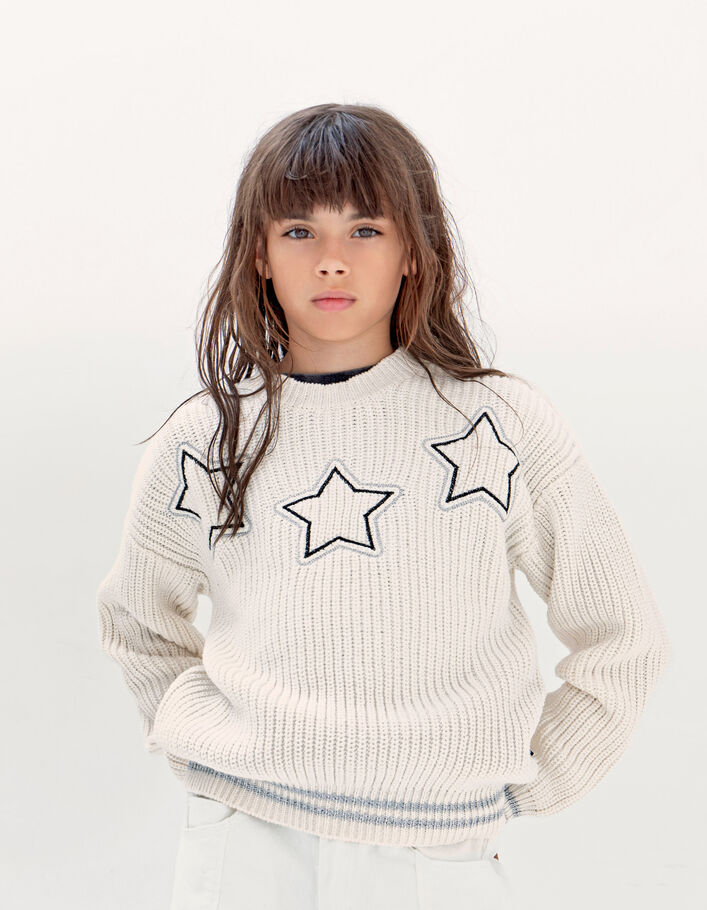 Girls’ off-white knit sweater with star embroidery-1