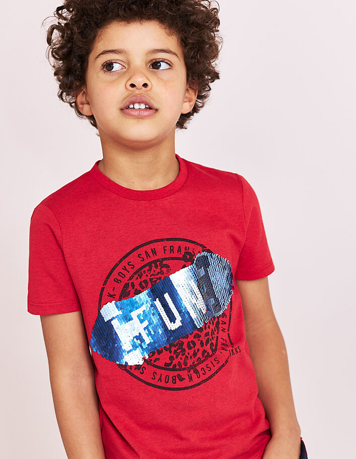 Boys' red reversible skateboard sequin T-shirt  - IKKS