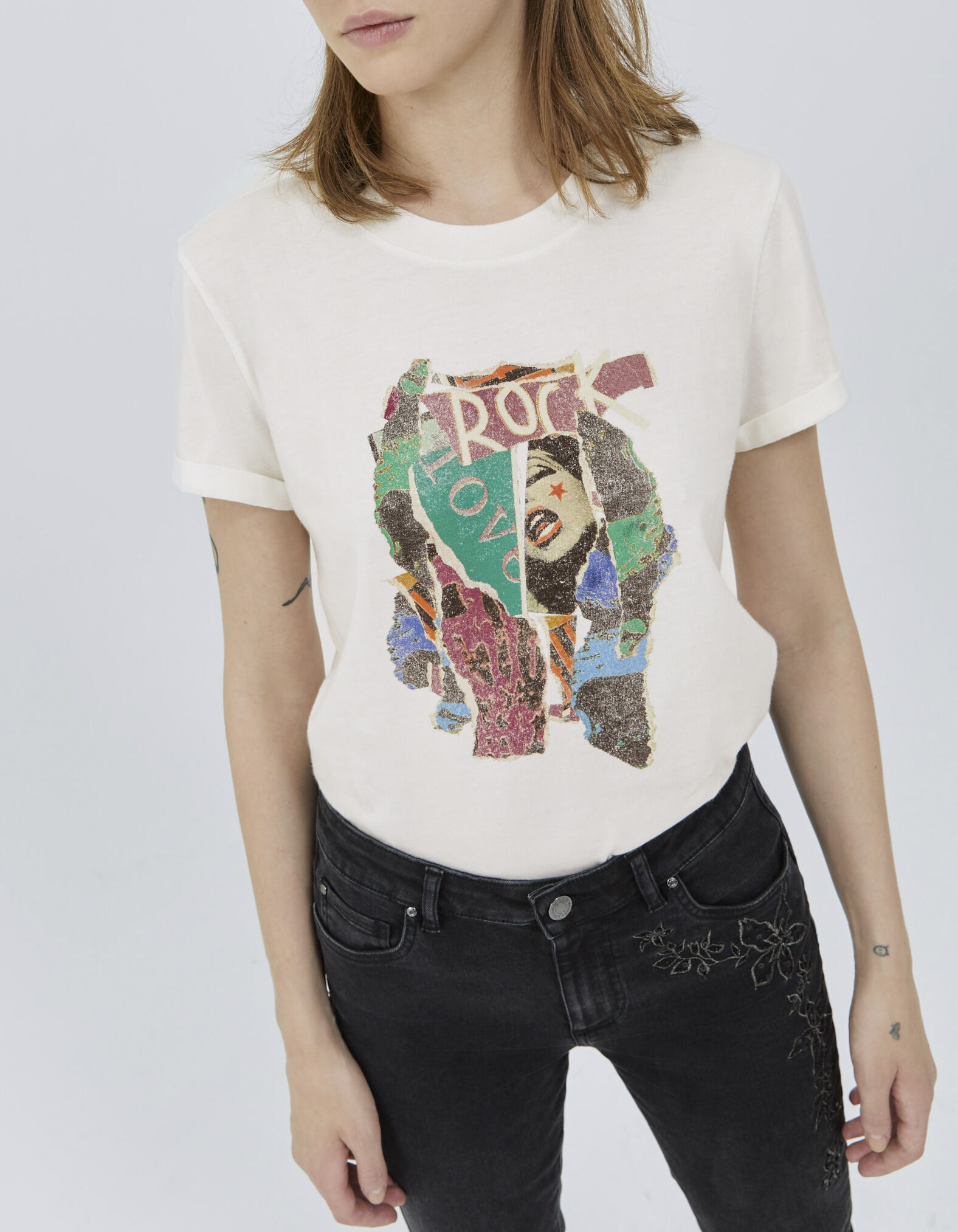 Ecru T shirt opdruk collage arty rock and love Dames IKKS