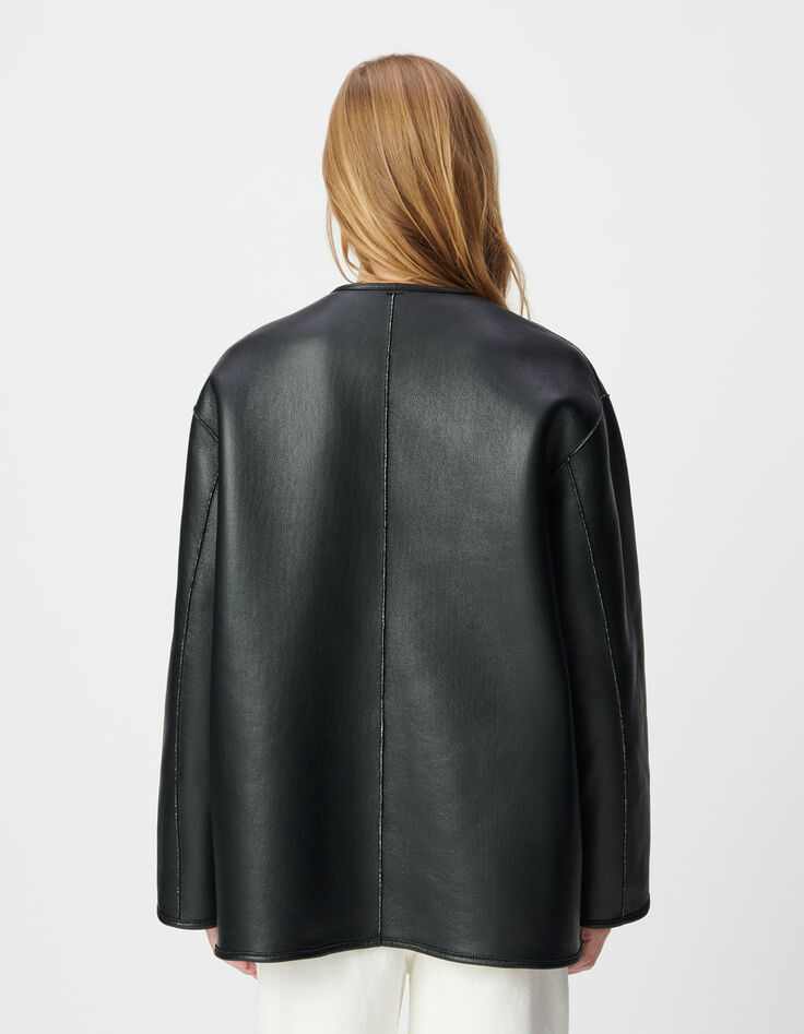 Cremefarbener Sherpa und schwarzer Damen-Wendemantel-8