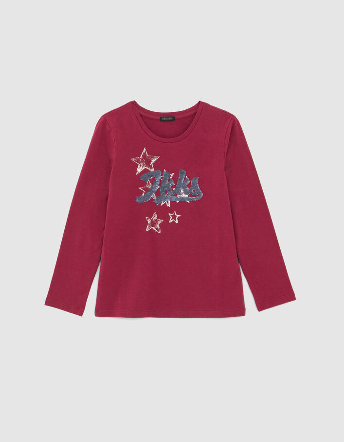 Girls’ burgundy IKKS reversible sequin T-shirt-1