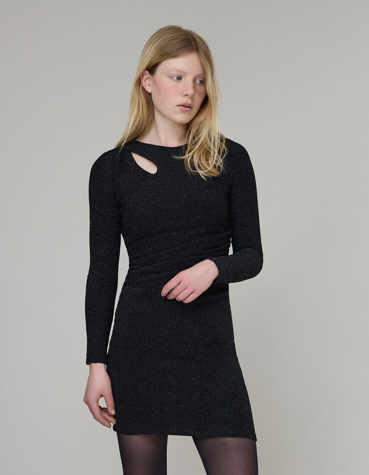 Pure Edition-Robe noire maille lurex col asymétrique Femme-2