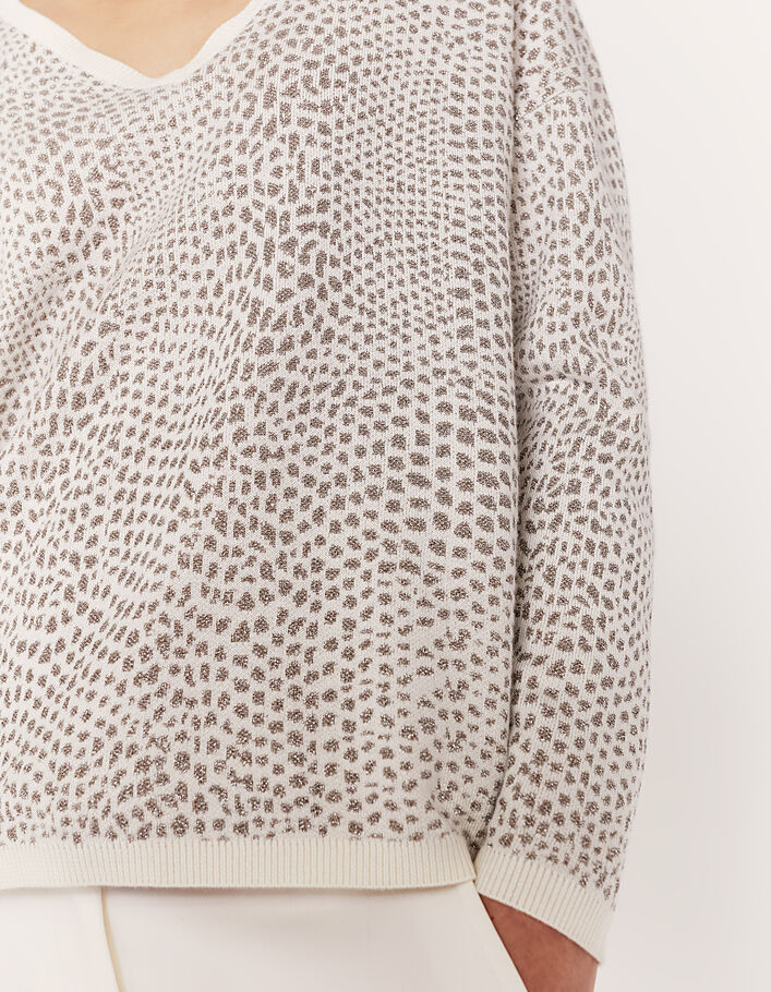 Women’s ecru + metallic fibre python motif V-neck sweater - IKKS