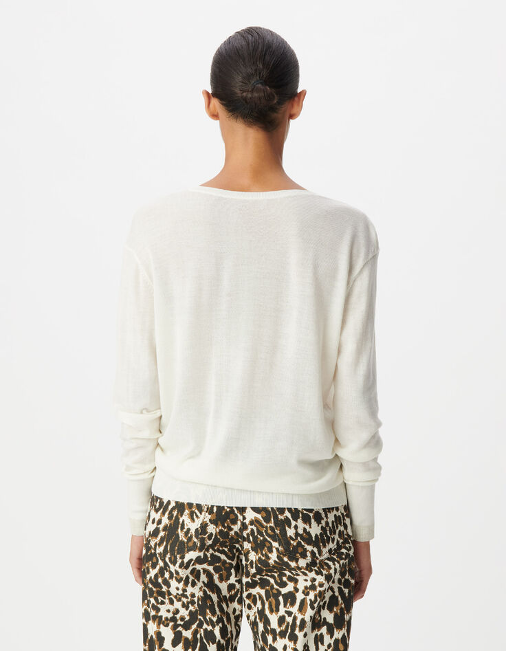 Pull encolure V blanc 100% laine Femme-3