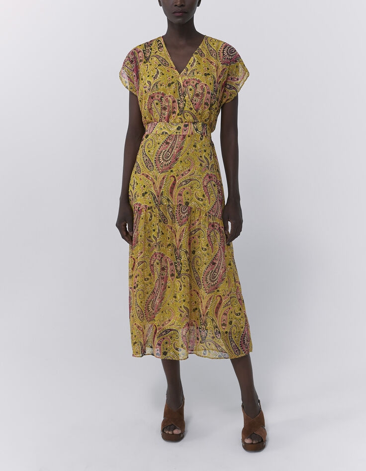 Gelbes, langes Damenkleid mit Summer-Paisleyprint-1