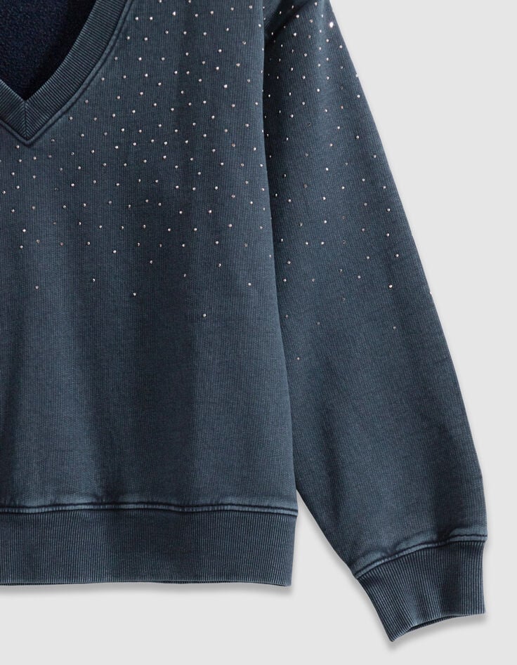 Mujer de algod&oacute;n org&aacute;nico azul marino de diamantes de imitaci&oacute;n su&eacute;ter con cuello en V-8