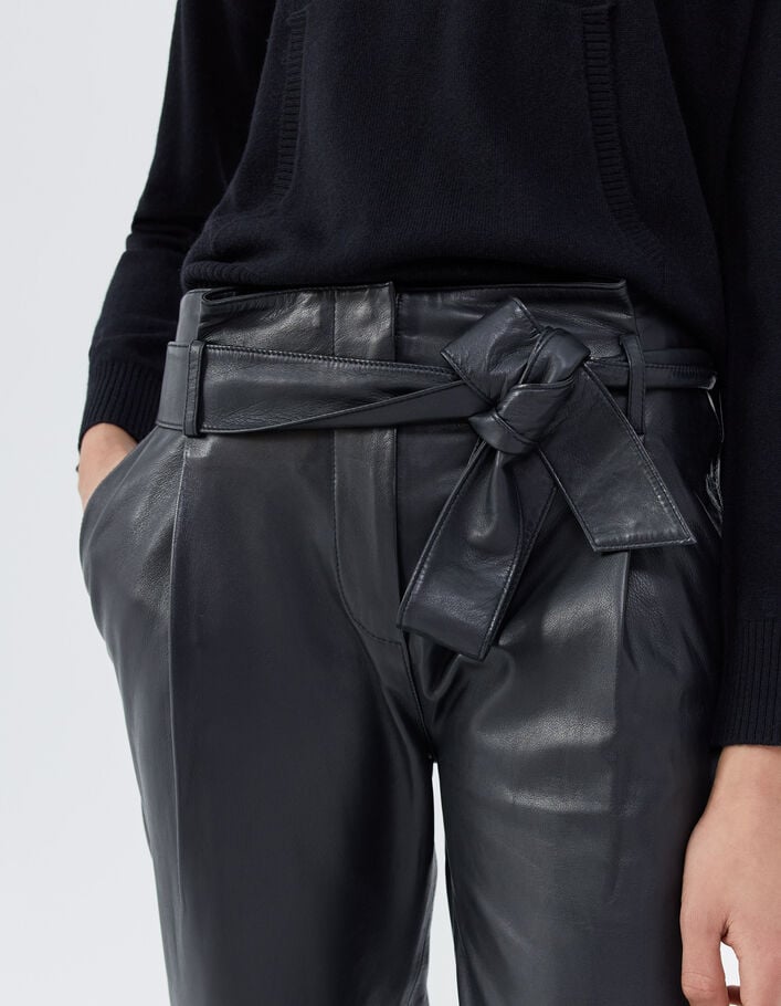 Zwarte broek met hoge taille in lamsleer dames-4