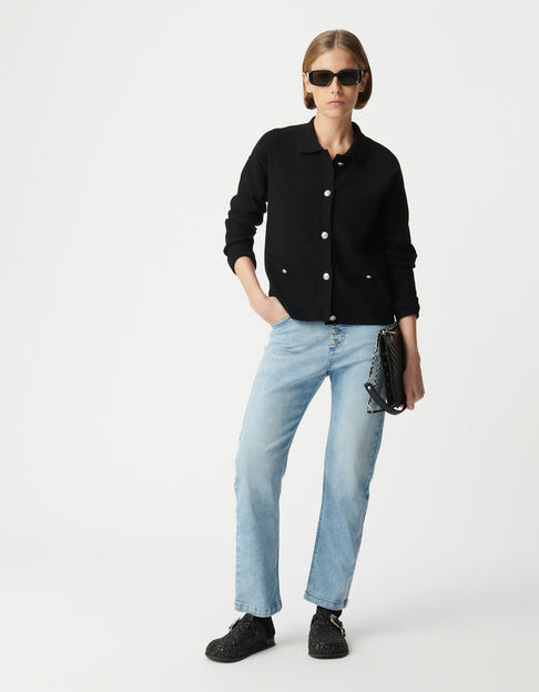 Women's black loose knit cardigan with engraved metal buttons - IKKS