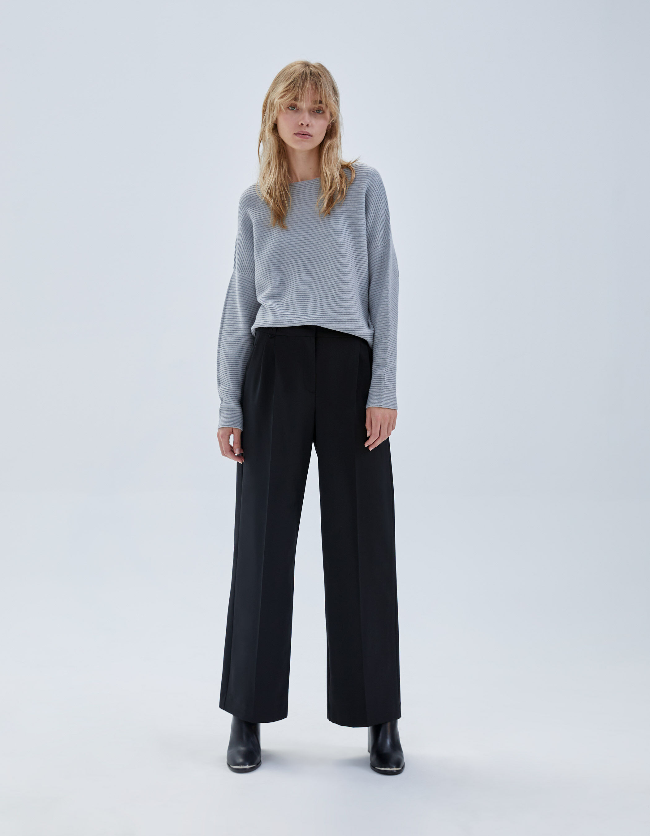 Women s grey ribbed knit boat neck sweater