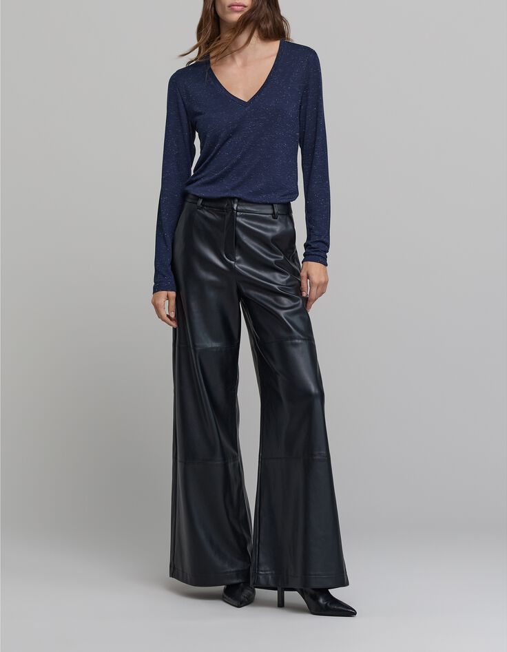 Women's navy lurex knit tee-shirt with curb chain design-1