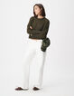 Pull manches longues kaki tricot ajour&eacute; Femme-1