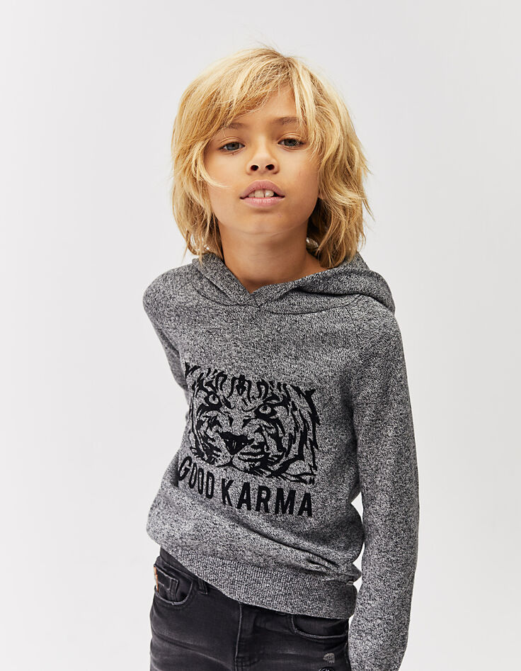 Pull gris chiné à capuche flocage tigre Good Karma garçon -1