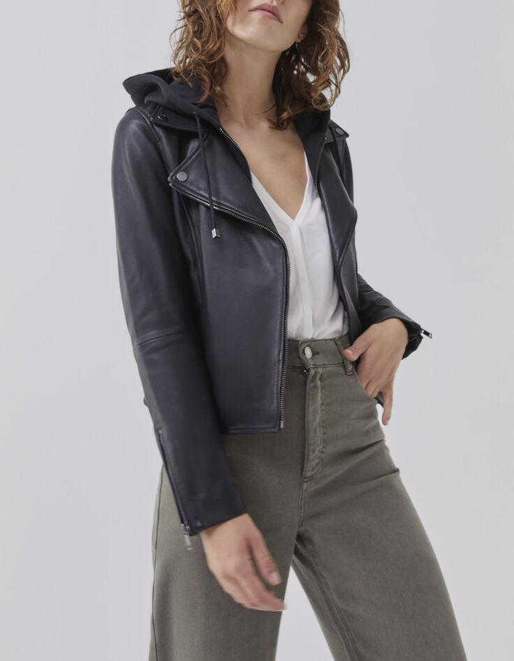 Women’s black leather jacket, studded back, facing-2
