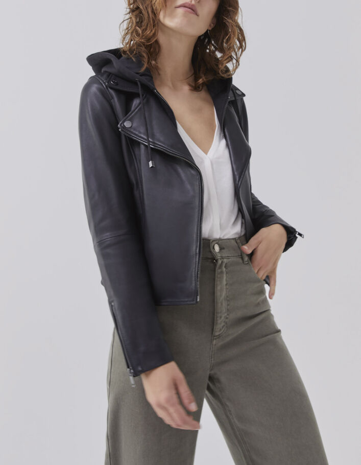 Women’s black leather jacket, studded back, facing - IKKS