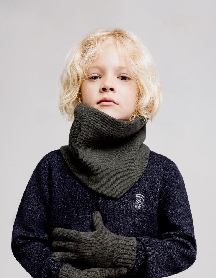 Snood kaki tricot recyclé broderie panthère garçon-1