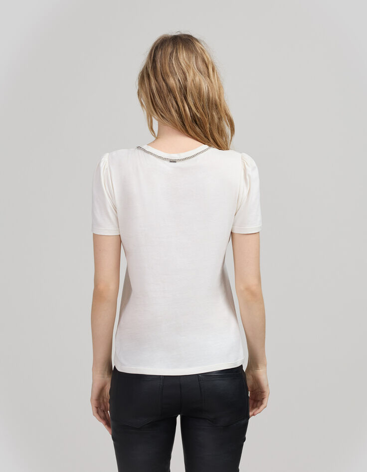 Cremewei&szlig;es Damen-T-Shirt mit Strasskragen-3