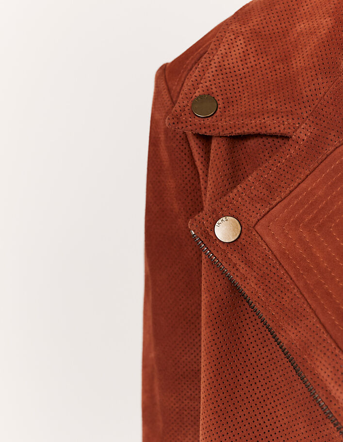 Women’s copper goatskin suede short biker jacket-3