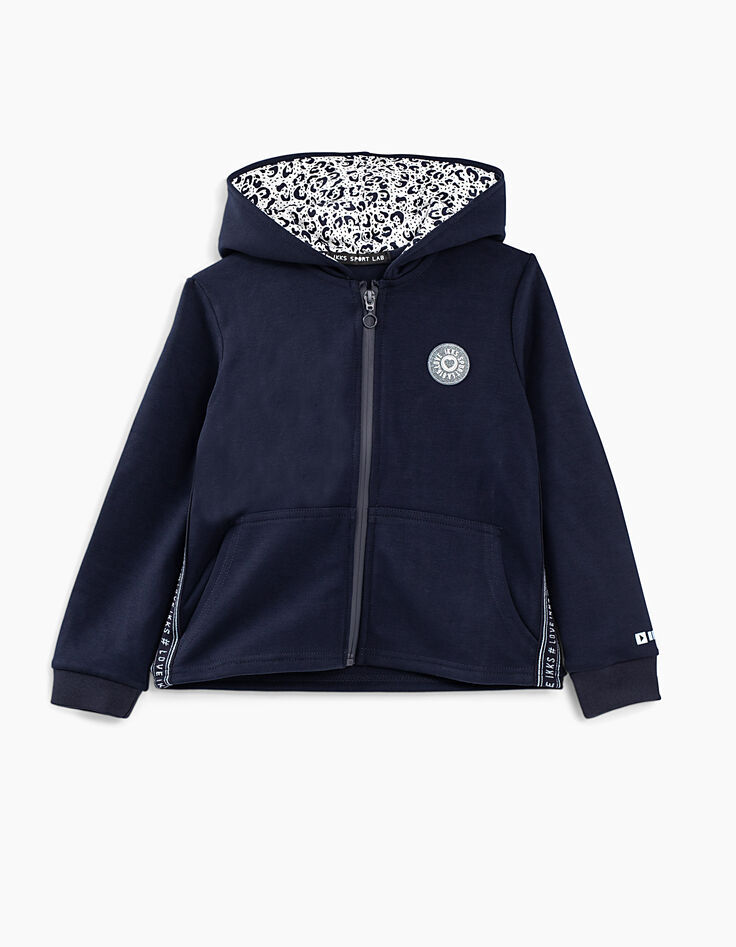 Cardigan sport navy avec doublure capuche imprimée fille-1 Cardigan sport navy avec doublure capuche imprimée fille-1