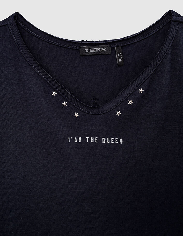 Girls' navy button-neck T-shirt with textured crown back - IKKS