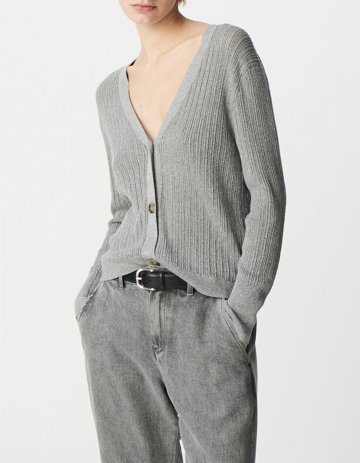 Elegante C&aacute;rdigan de l&uacute;rex gris calado para Mujer-2