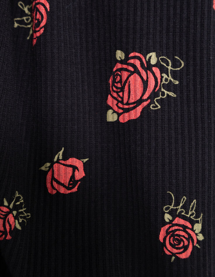 Schwarzes Mädchen-T-Shirt lange Ärmel gerippt Rosenprint-9 Schwarzes Mädchen-T-Shirt lange Ärmel gerippt Rosenprint-9