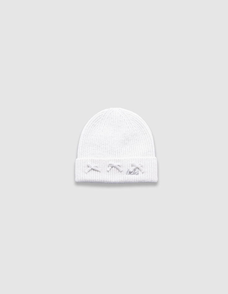 Girls’ white glittery knit beanie with bow-1 Girls’ white glittery knit beanie with bow-1