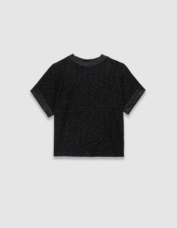 Tee-shirt manches courtes noir lurex maille ajourée Femme-1 Tee-shirt manches courtes noir lurex maille ajourée Femme-1