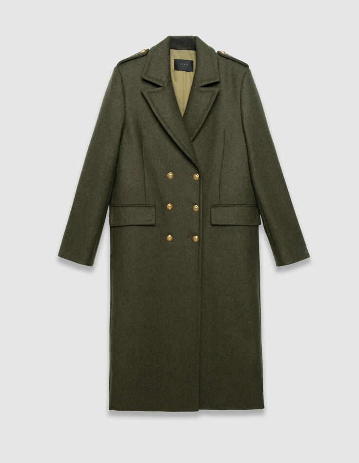 Women’s khaki long pea coat with engraved buttons-6 Women’s khaki long pea coat with engraved buttons-6
