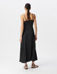 Robe longue noire satinée détails dentelle Femme-2