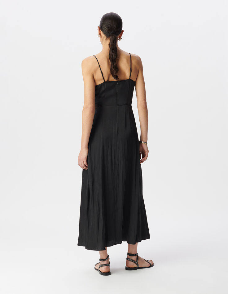 Robe longue noire satinée détails dentelle Femme-2