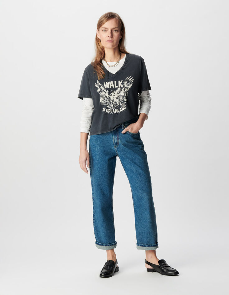 Schwarzes Damen T-Shirt aus verwaschener Bio-Baumwolle mit V-Ausschnitt-1