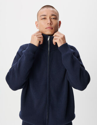 C&aacute;rdigan azul cuello camionero para hombre